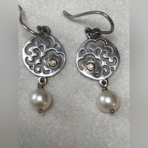 RARE Pandora Two Tone Life's Path Sterling & 14k Gold Pearl & Diamond Earrings - Picture 3 of 4